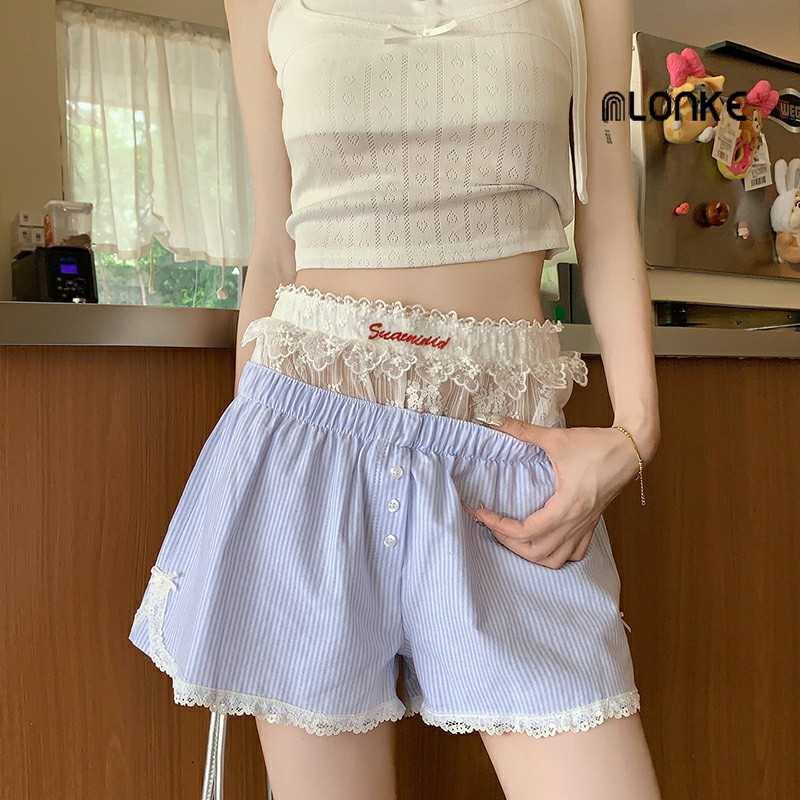 NLONKE -  Celana Pendek Kaki Lurus Celana Pendek Bottoming Bordir Renda  Celana Pendek Seksi Modis W