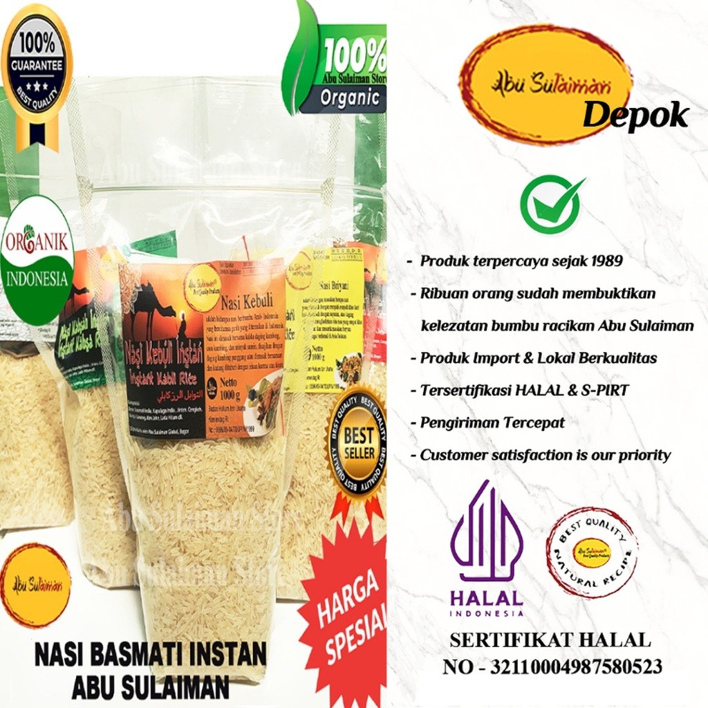 

BIG SALE! PAKET LENGKAP BERAS BASMATI 1 KG & BUMBU BERYANI KEBULI KABSAH MANDHI BUKHORI ABU SULAIMAN