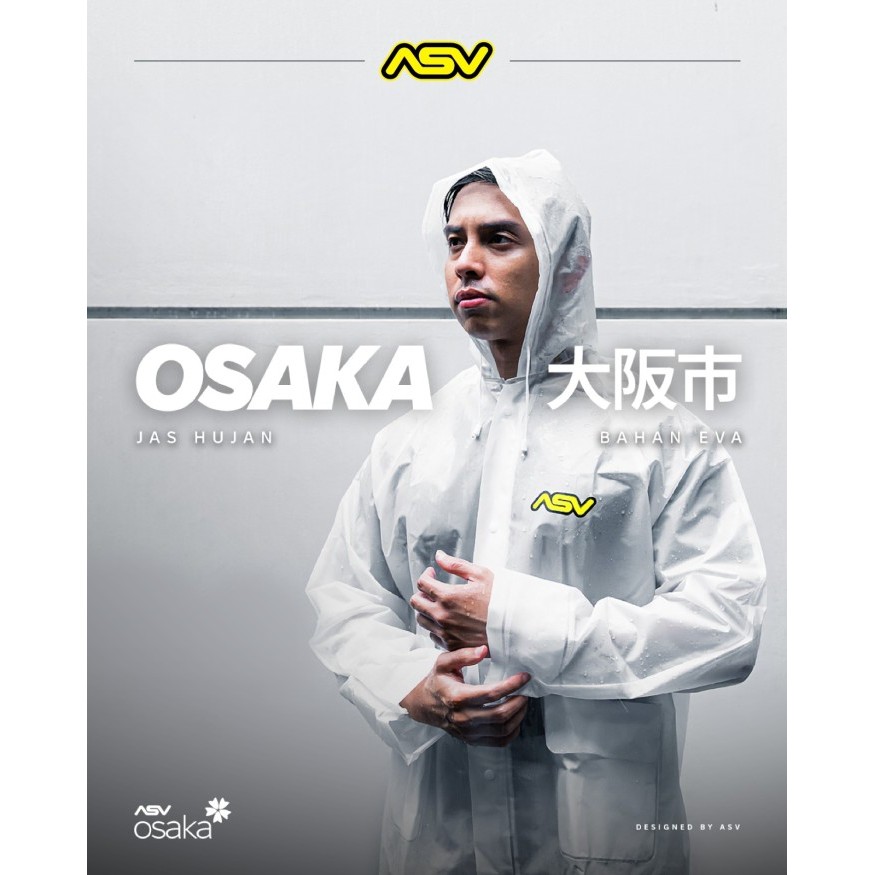 Jas Hujan Dewasa Pria Wanita Premium Osaka 1 Setel Tas Setelan Atasan Baju Jaket Celana ASV Osaka Bahan EVA Anti Bau Waterproof Raincoat Original Ringan Lemas Transparan Press Mudah Dicuci Kantung Depan Double Protection Hoodie Sirkulasi Udara M L XL XXL