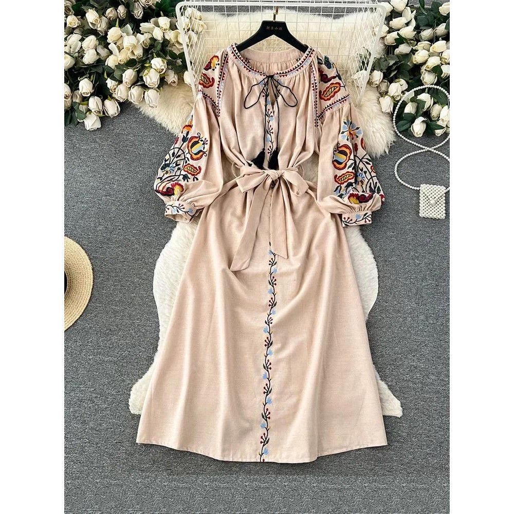 Women Spring Autumn Dress Vintage Ethnic Style Lantern Long Sleeve Embroidered Round Neck Slim A-lin