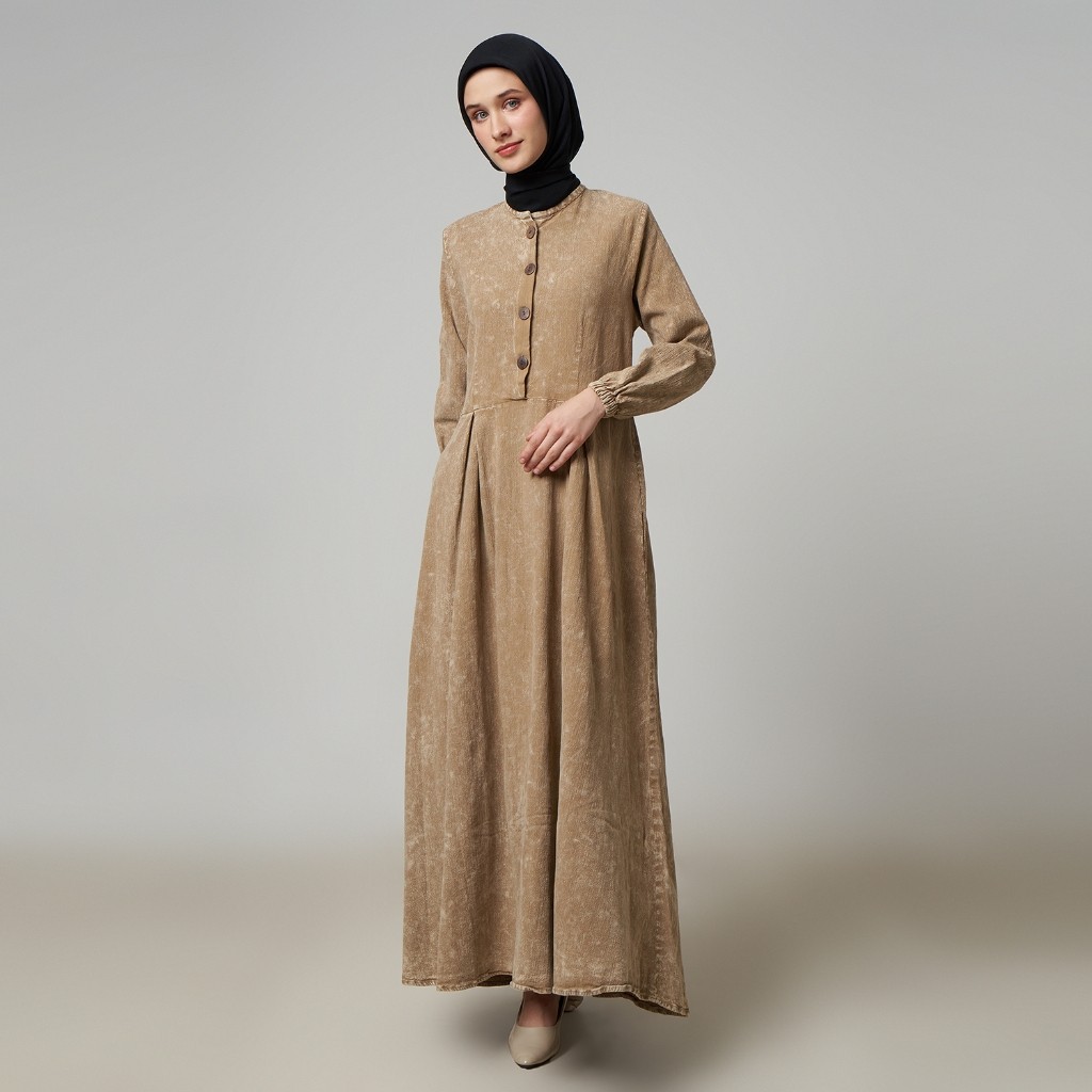Dhoby Ghout Gamis Premium Denim Coklat Susu | Dress Wanita Muslim Gamis Kancing Depan - Thalia