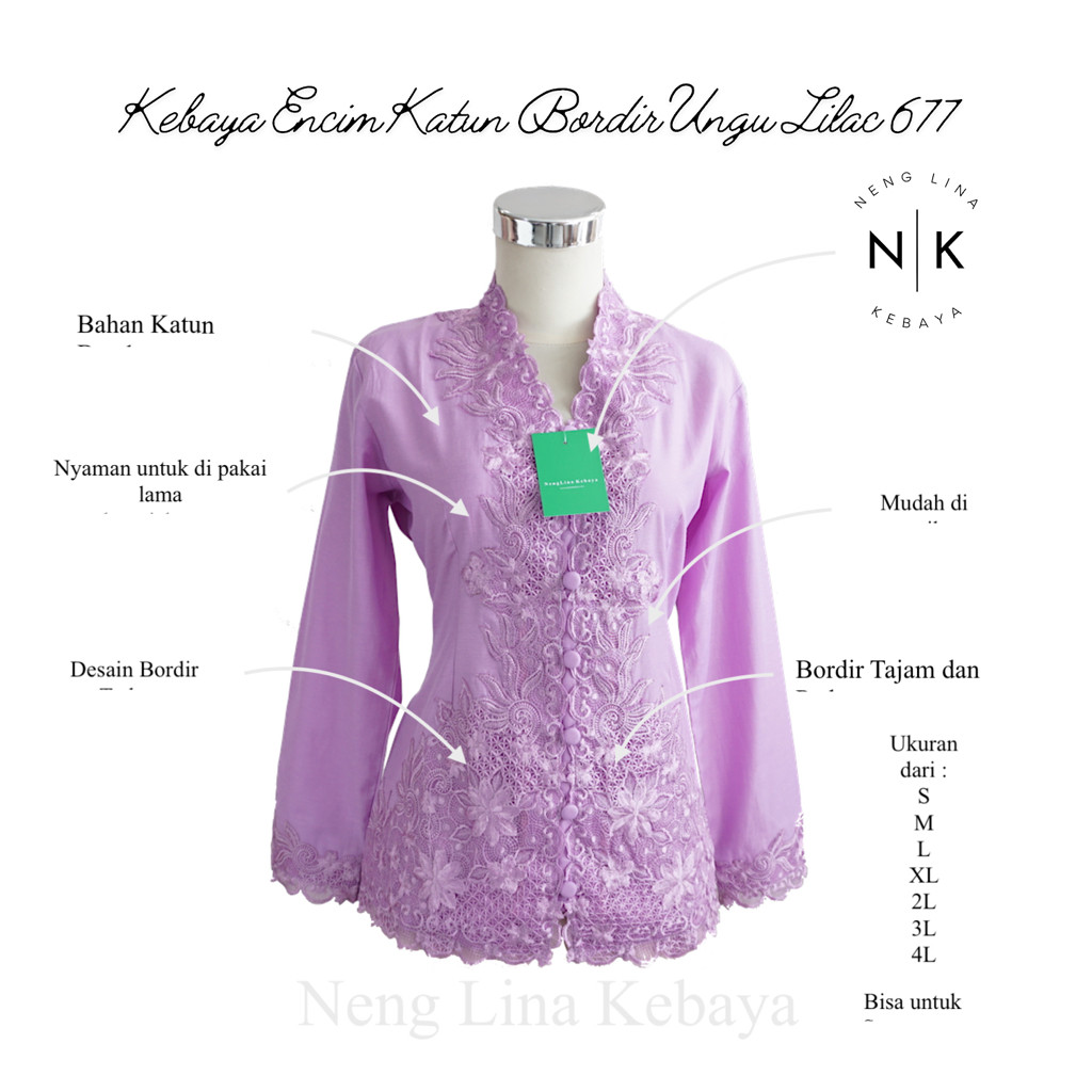 Kebaya Jumbo Encim Katun Bordir Ungu 677 Lilac Neng Lina Kebaya