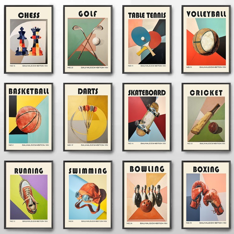 

Sports Equipment Vintage Bauhaus Style Minimalist Poster Skateboard Golf Chess Mid Century Canvas Painting Wall Gym Home Decor