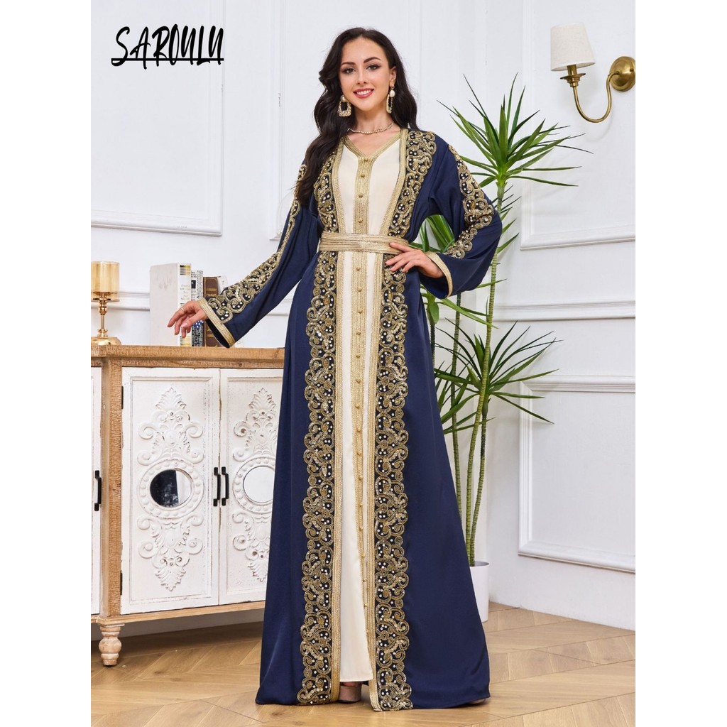 Luxurious Kaftan 2-pieces Blue Evening Dress Muslim Dubai Elegant Formal Banquet Prom Gown Customize