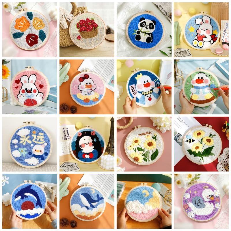 

RUOPOTY Punch Needle Embroidery Starter Kits Punch Needle Tool Threader Fabric Embroidery Hoop Yarn Rug Flowers Animals 20x20cm