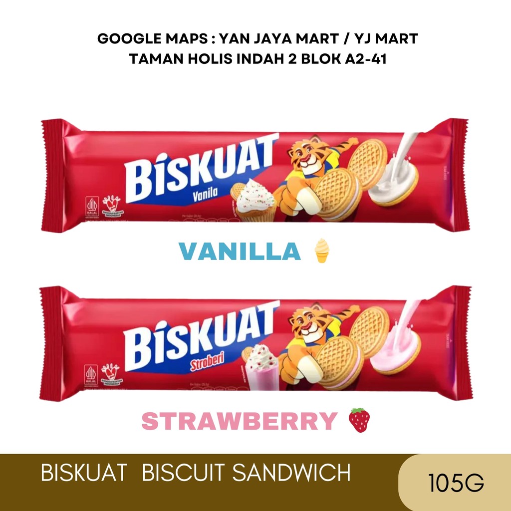 

Biskuat Biscuit / Sandwich / Biskuit / Snack / Cemilan / Dengan Krim Vanila / Krim Strawberry Kemasan 105g
