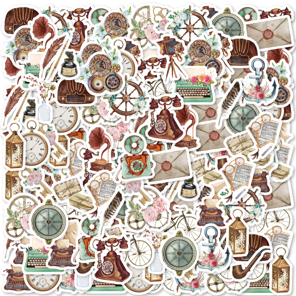 

46pcs Gear, Clock, Envelope And Other Retro Themed Stickers Decorated Laptop Water Bottle Skateboard Classic Toy DIY Decal