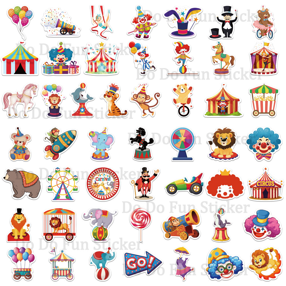 

50PCS Fun Cartoon Circus Carnival Stickers Trick Joker Lion Elephant Monkey Waterproof DIY Scrapbook Water Cup Phone Case Gift