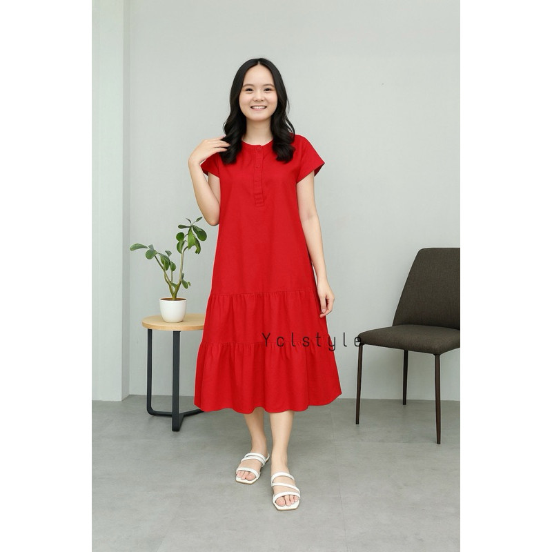 NANTARSHOP HANNY DRESS - MIDI DRESS RUFFLE COTTON EDISI NATAL EMERALD GREEN