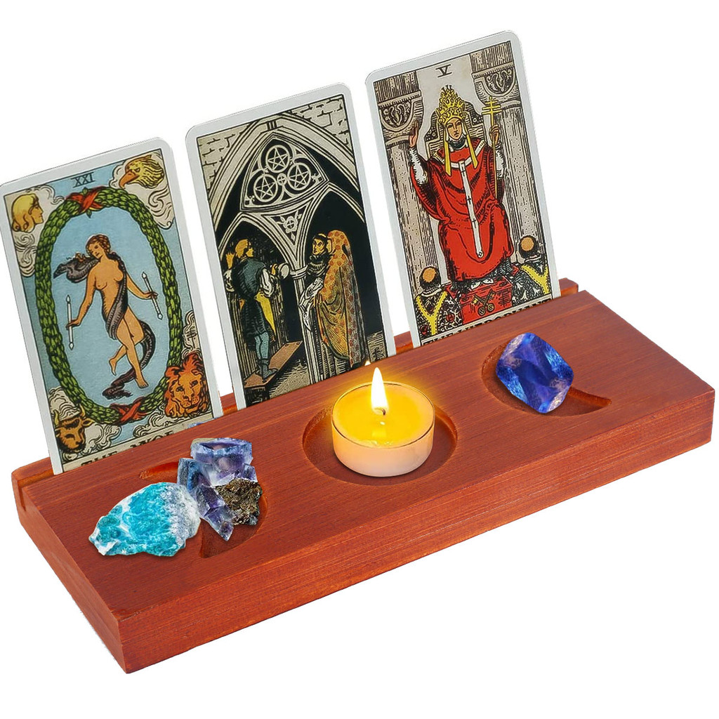 Tarot Candle Holder Stand Wooden Triple Moon Phases Symbol Tarot Card Display Stands Moon Tray Cryst