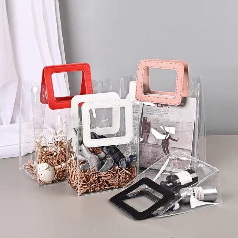 

MAOMAO Tas PVC Hampers Transparan Serbaguna Goodie Bag Handle Leather Mika Transparant Handbag Gift Souvenir Murah