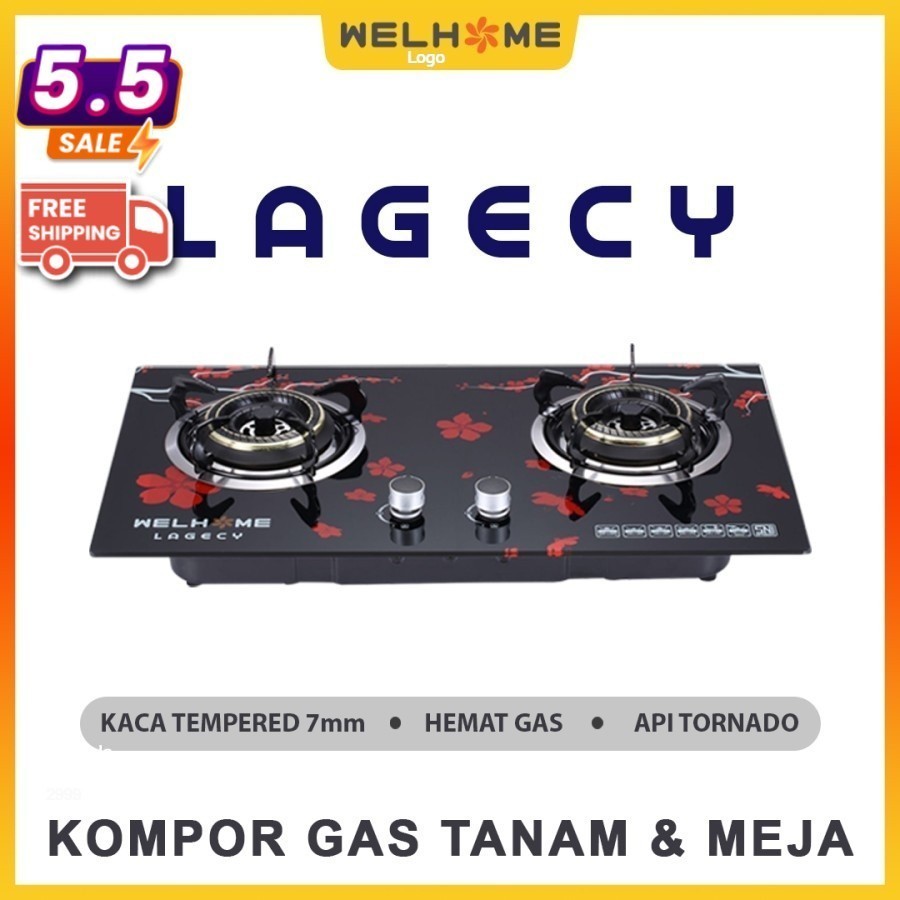 KOMPOR GAS TANAM Welhome 2 & 3 Tungku Tempered Glass 2IN1 LAGECY / WEYON SAKURA KOMPOR GAS TANAM