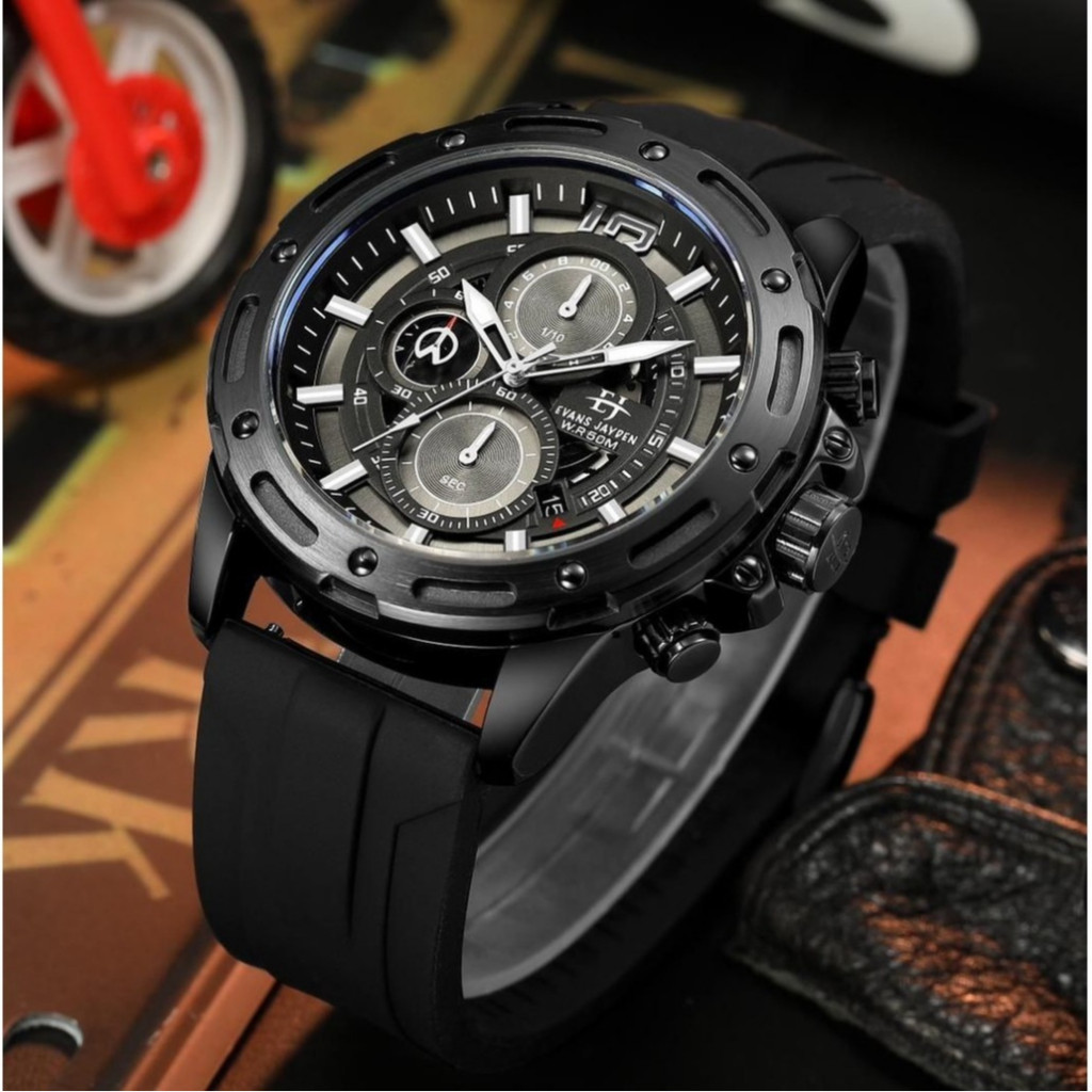 [ PROMO SAAT LIVE ] Evans Jayden Jam Tangan Pria 9494 Rubber Kaca Sapphire Water Resistant 5ATM