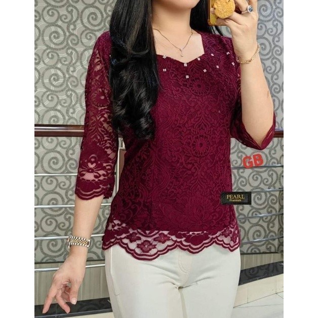 ST  MF  Atasan Brokat TANGAN LURUS/ BLUS WANITA SEMI RENDA