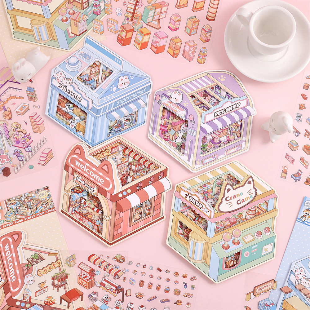 

Fluffy town landscape sticker cartoon handmade Folded miniature scene collage