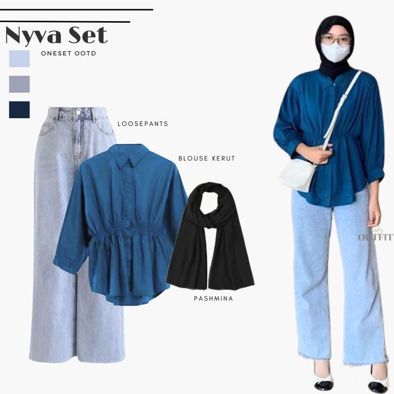 Nyva Set Outfit Wanita | Atasan Blouse Kerut | Bawahan Celana Kulot Jeans | Hijab Pashmina Ceruty Hi