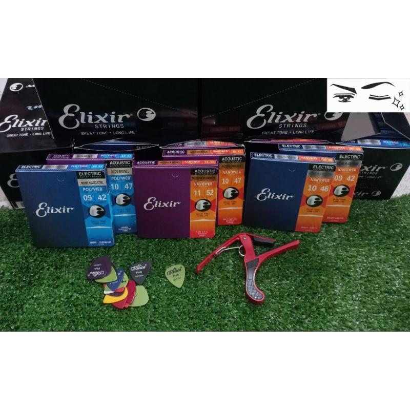 Senar Gitar Akustik/Listrik Elixir [1set+capo+pick] Senar Kualitas Import Terbaik Anti karat
