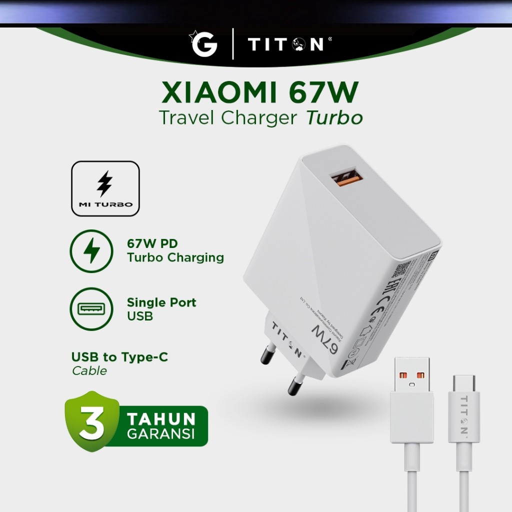 Titon Kepala Charger 67W Xiaomi Original Turbo Charging USB A dengan Kabel Type C