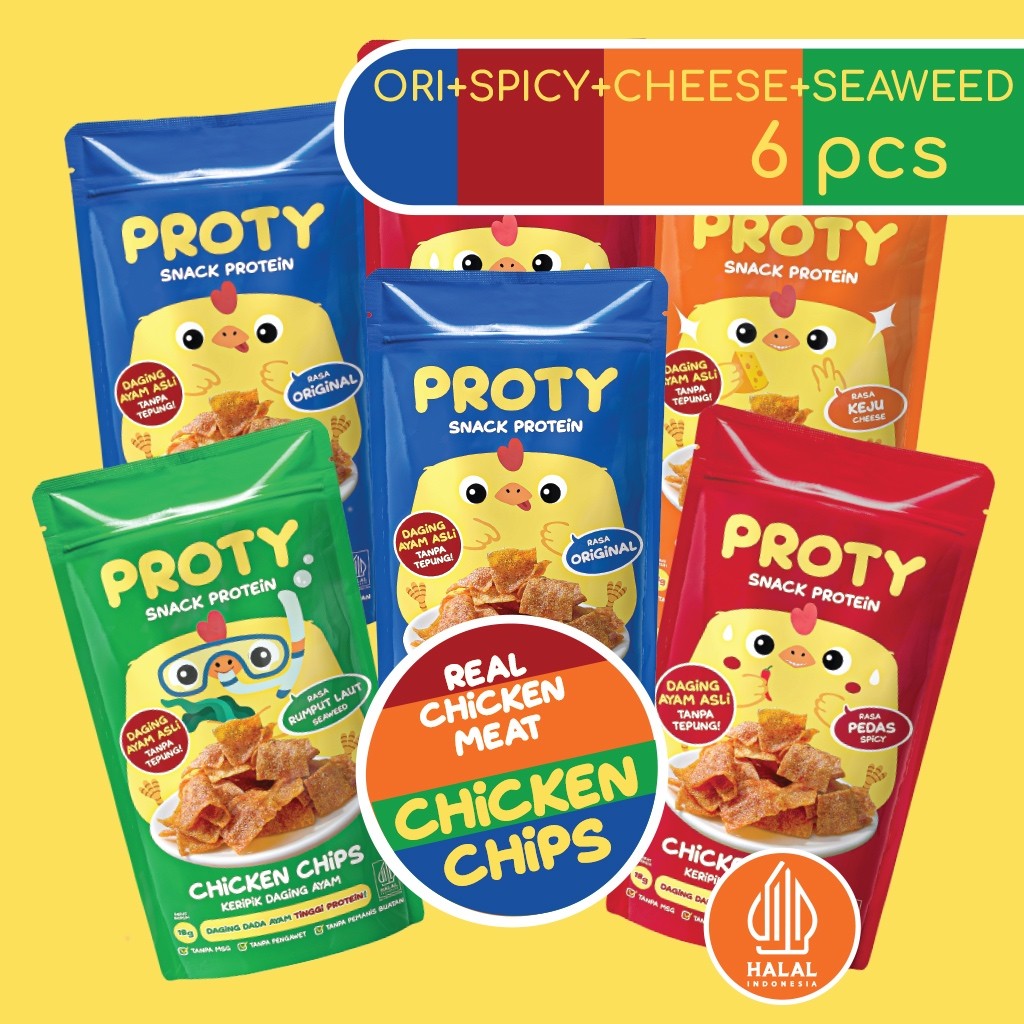 

PROTY Camilan Sehat Keluarga Chicken Chips Ori(2 pcs)+Pedas(2 pcs)+Keju(1 pcs)+RumputLaut (1 pcs)