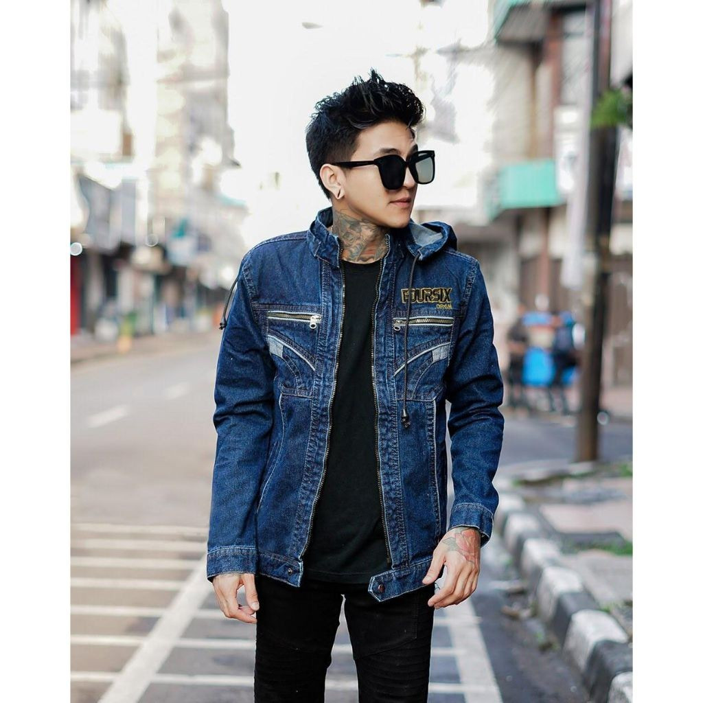 Jacket jeans denim resleting biru kupluk/topi bisa lepas pasang casual distro santai keren terlaris