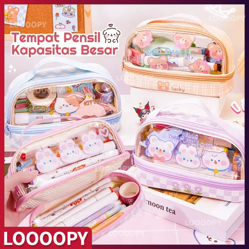 

LOOOOPY Tas Alat Tulis Transparan Berkapasitas Besar Tempat Pensil Murid Lucu Kotak Pensil Anak