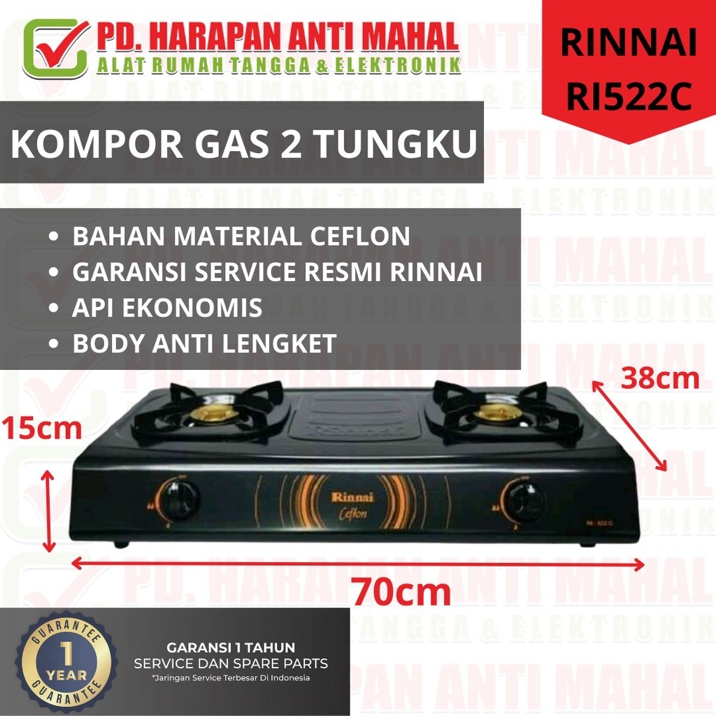 KOMPOR GAS RINNAI 2 TUNGKU RI522C/ KOMPOR RINNAI 2 TUNGKU