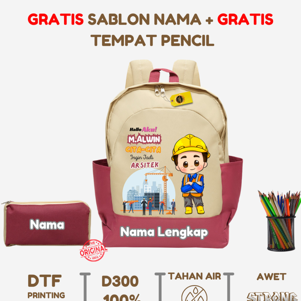 Tas Ransel Anak Construction / Arsitek - Tas Ransel Anak Custome Nama - Tas Ransel Anak Karakter Cit
