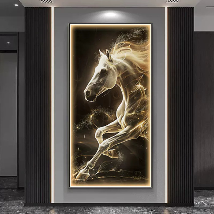 Lukisan Porcelain Painting Diamond Kuda Mewah Alami Putih Led Lighting