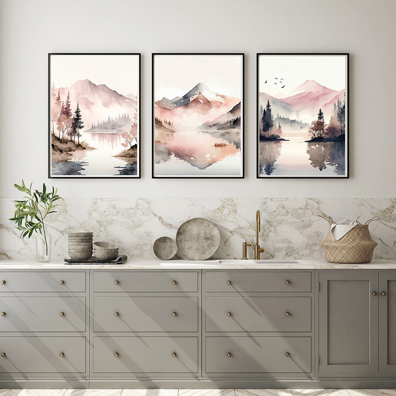 

Pink Watercolour Landscape Poster Prints Pink Beige Grey Abstract Lake Tree Neutral Canvas Painting Living Room Home Wall Decor