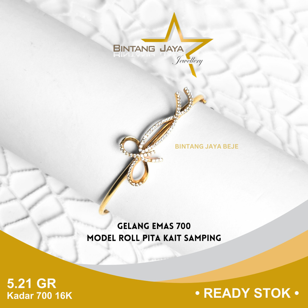 Gelang Emas Kadar 700 16K Berat 5.21 gr gram Model Roll Bangle Pita Mata Putih Kait Samping Perhiasa