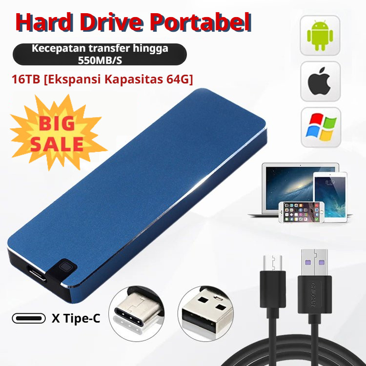 ✨DISKON 50%✨ SSD Portable 1TB Super Tipis/ Eksternal SSD USB 3.2 Type-C/ Warna Hitam,Silver,Biru,Mer