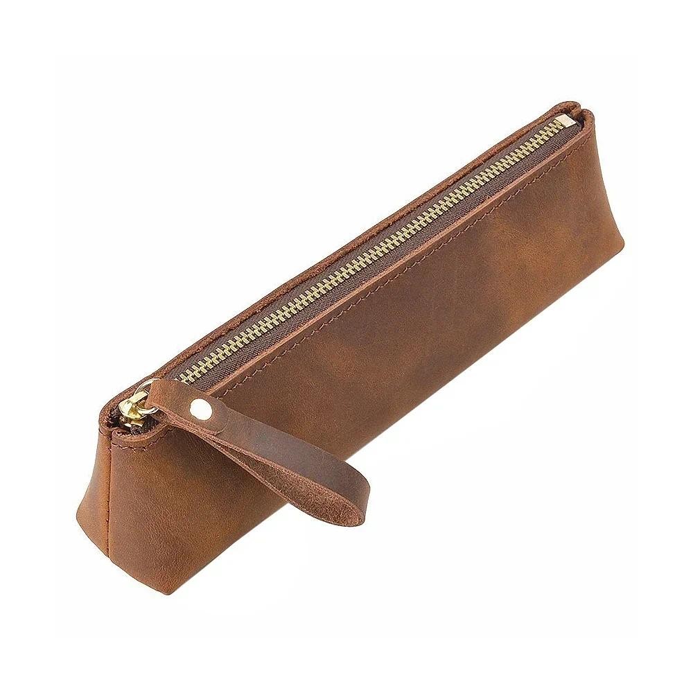 

Genuine Leather Zipper Pen Case Pencil Bag Large Capacity Vintage Crazy Horse Leather Handmade Creative School Stationary