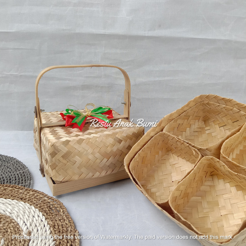 Besek Tenteng Natural Sekat Susun 1 20cm 25cm Pita | box keranjang bambu box hantaran | tempat wajik