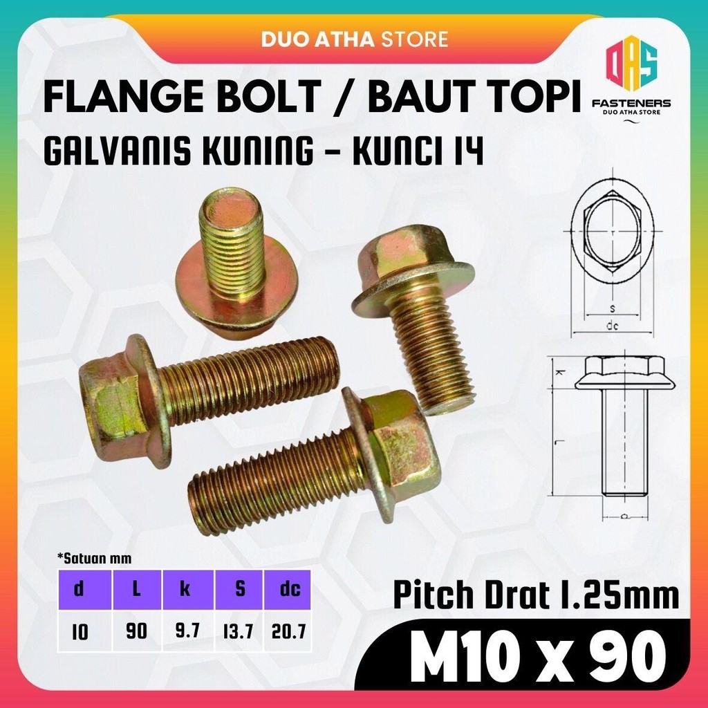 Flange Bolt M10x90 / Baut Flange M10x90 / Baut Topi M10x90 Galvanis Kuning Kunci 14