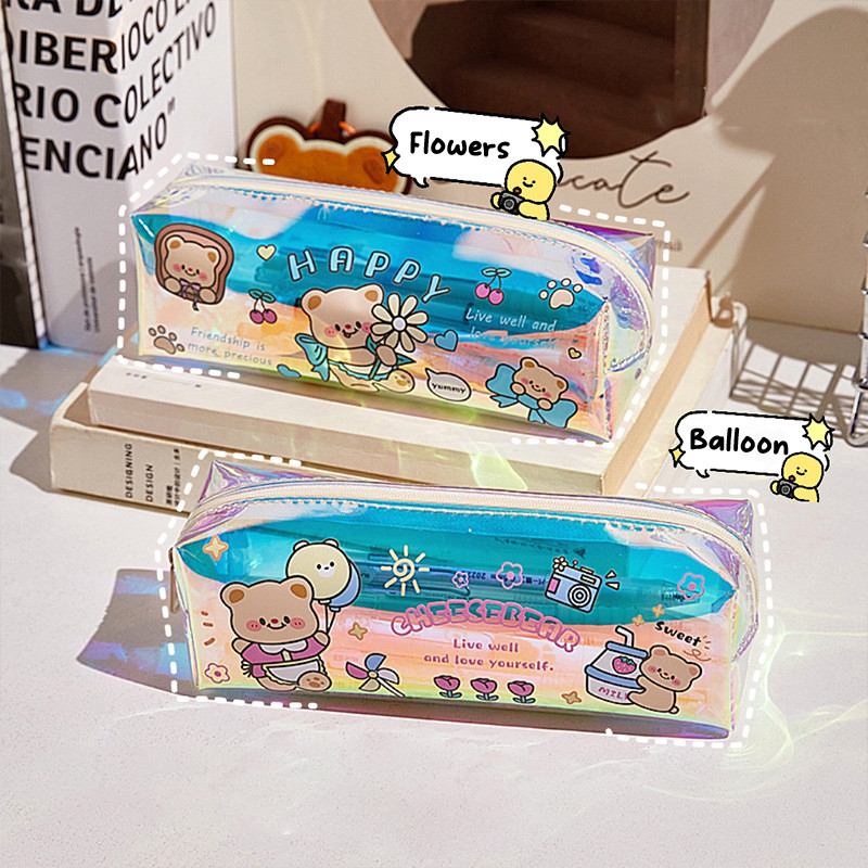 

Cartoon Butter Bear Laser Pencil Case Kawaii Vacation Bear High-capacity School Supplies Cute Girl&Child Gift Waterproof Case