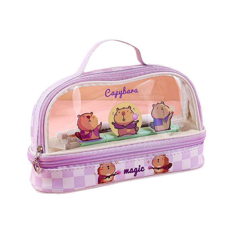 

Portable Kawaii Cartoon Capybara Pencil Cases Double Layer Large Capacity Pencil Pouch Student Stationery Box School Supplies