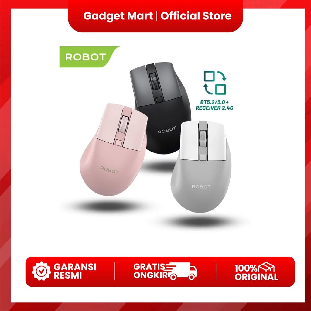 Robot M355 Mouse Wireless Bluetooth Silent Click - Hitam, Abu-abu, Pink