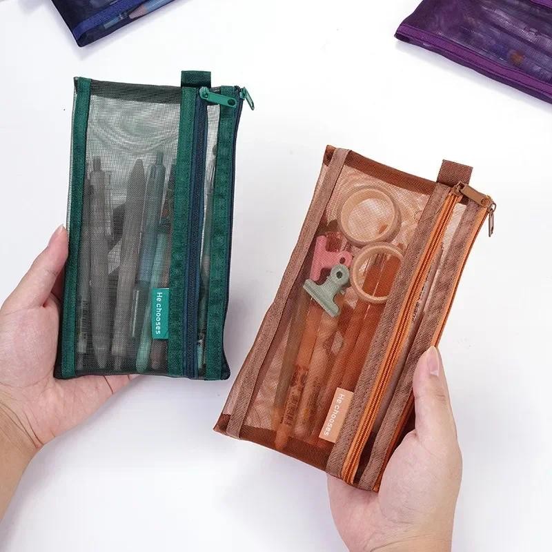 

Double Layers Mesh Pencil Bags Retro Colorful Transparent Large Case Zipper Storage Pocket Office Business School for Teens Boys