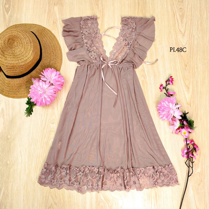 Transparan Mini Dress Lingerie Wanita V Neck Modern Nude Pl48C