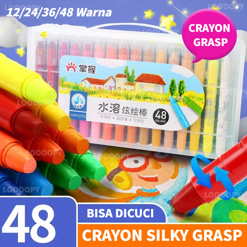 

LOOOOPY Crayon Grasp / Crayon Grasp Mata Sedang / Silky Crayon / Water Soluble Crayon / Crayon Set 12/24/36/48 Warna