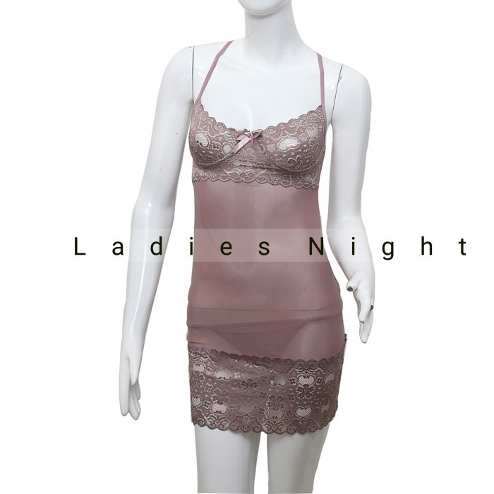 Dark Cream Virza Sexy Nightdress Lingerie + Gstring (Bra Berkawat) - Coklat KeUnguan