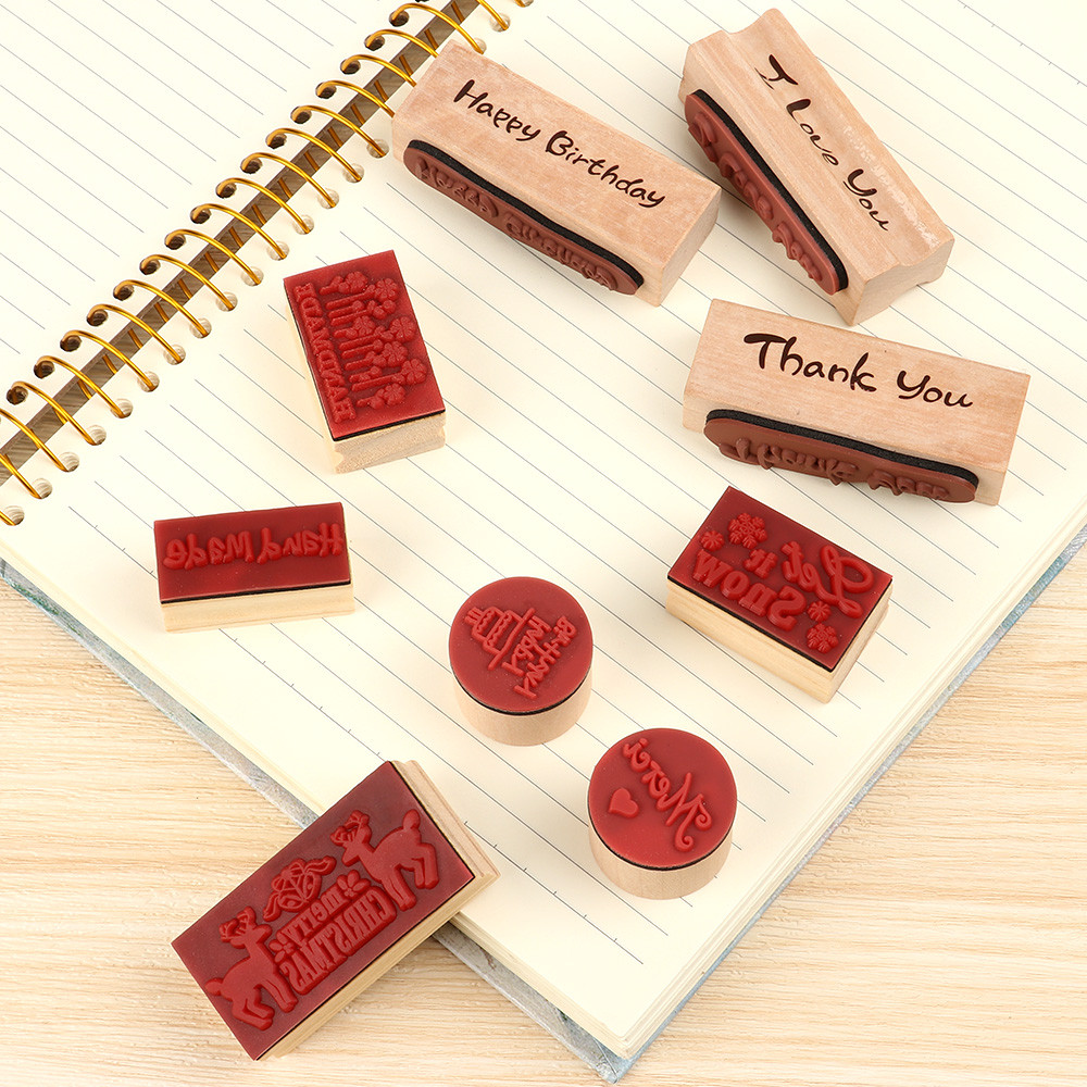 

9 Designs Rubber Stamp Natural Wooden English Series Handmade Letter Stamp DIY Scrapbook Cards Decor Blessing Greeting Words