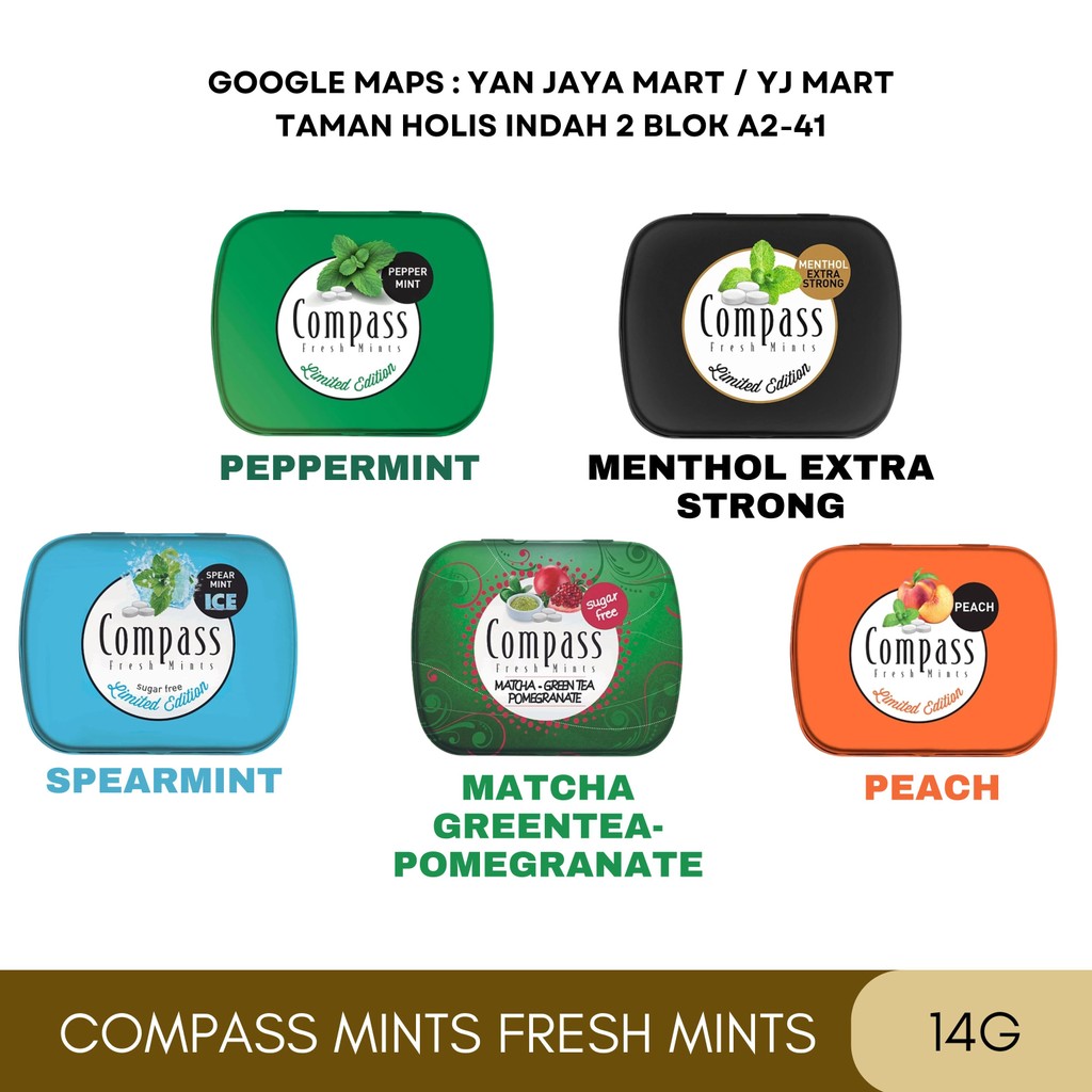 

Compass Fresh Mints Menthol / Permen Mint / Sugar Free / Matcha / Extra Strong / Peach / Peppermint / Spearmint Ice 14g