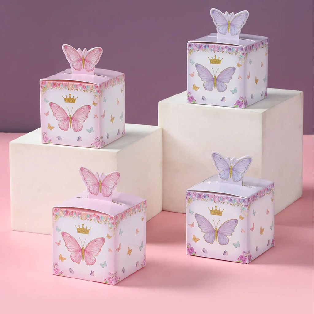 

24pcs Candy Gift Box Purple Pink Butterfly Birthday Party Decorations Wedding Supplies Baby Shower Chocolate Cookie Gift Box Bag