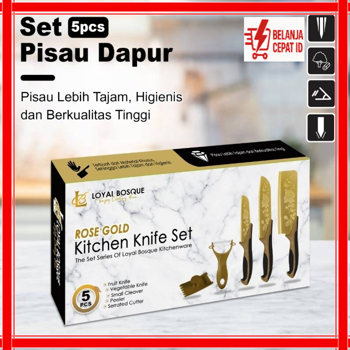 Pisau Dapur Set 5pcs/ Pisau Set Loyal Bosque 5pcs Gold