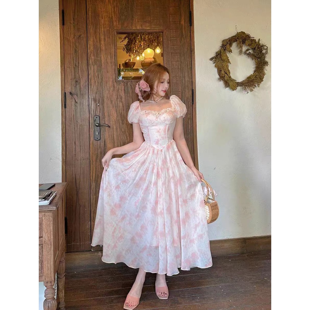 [Cream Berry] Gaun Sifon Prancis Romantis Cinta Pertama Gaun Midi Leher Persegi Feminim