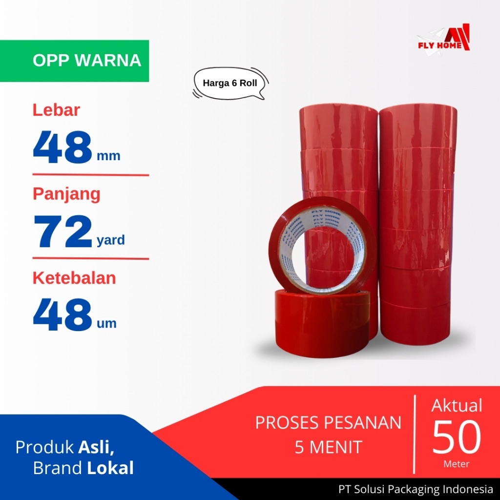 

FLYHOME Lakban warna merah 72 yard 6 roll 48mm x 72yard 2inchi ECO