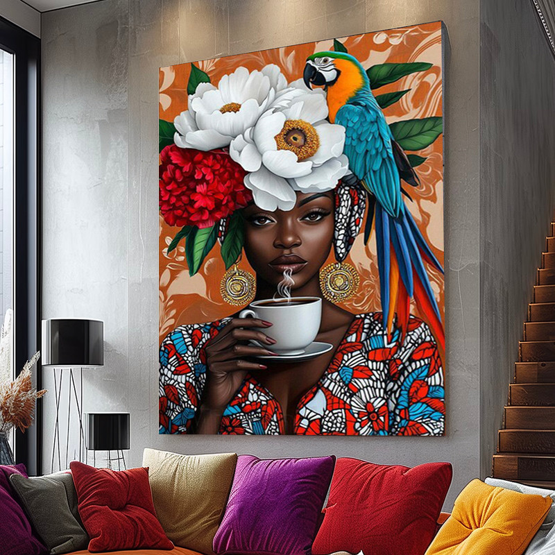 

Canvas Print Woman Parrot Flower Colors Art Black, Art Wall Decor, African Portrait, Canvas Art Print Modern Wall Decor For Home