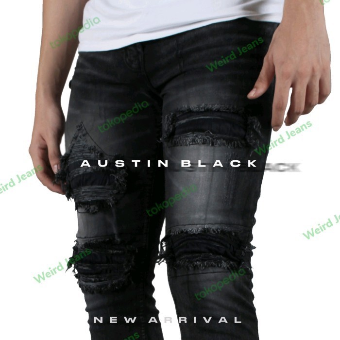 Weird Jeans Austin Black - Celana Jeans Pria Pensil Sobek Slim - Austin, 28