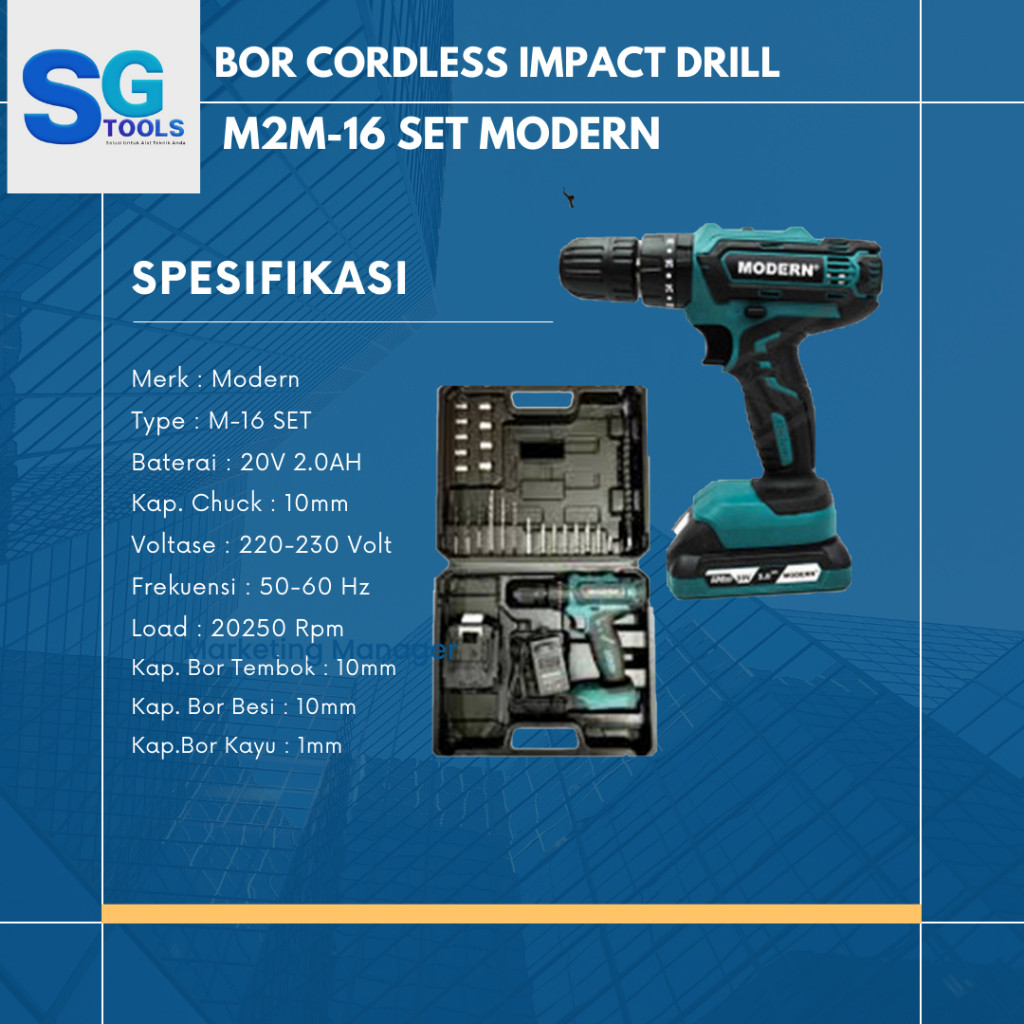 Mesin Bor Cordless Drill M-16 20V Set Modern
